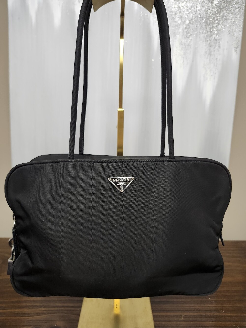 Prada Tessuto Nylon Triangle Handbag with Lock and Keys